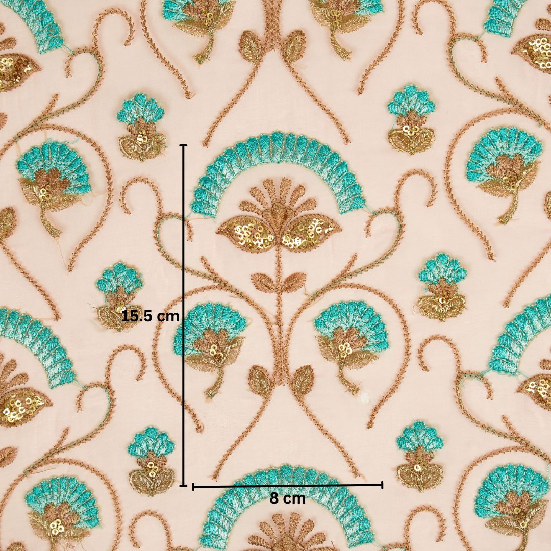 Antara Peach Viscose Organza Embroidered Fabric in Jaal Pattern