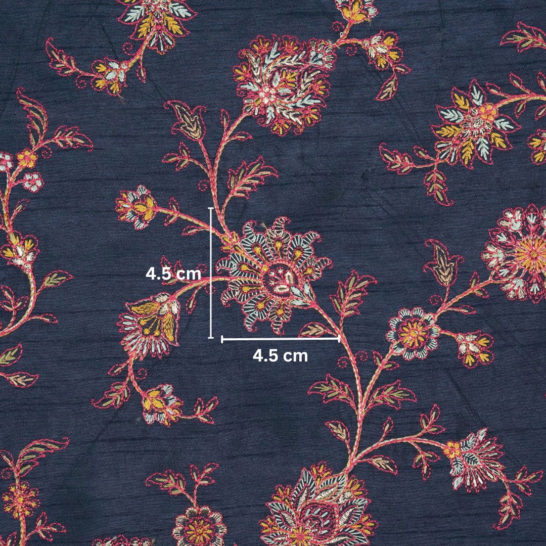 Kriti Navy Blue Viscose Raw Silk Embroidered Fabric in Jaal Pattern