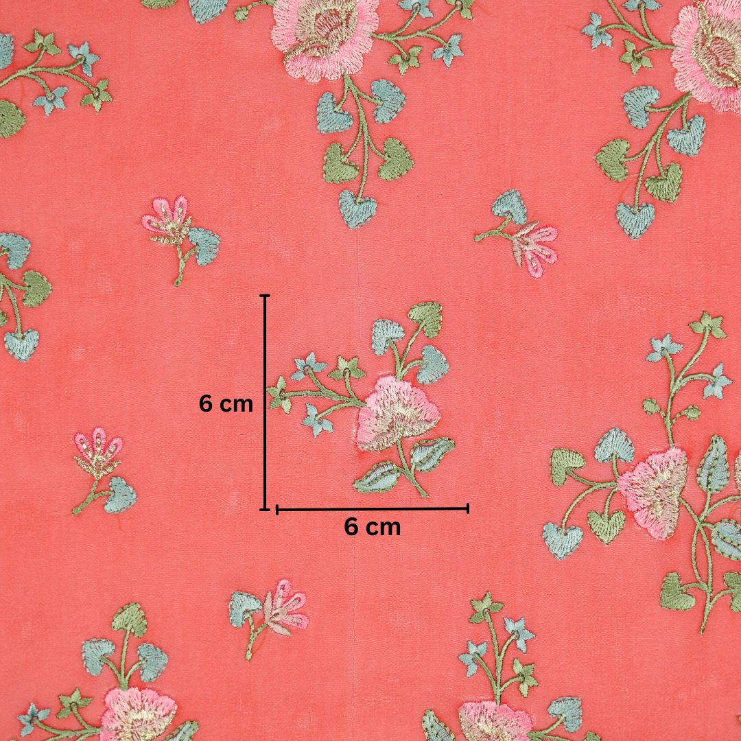 Maitri Floral Tomato Red Viscose Georgette Embroidered Fabric in Jaal Pattern