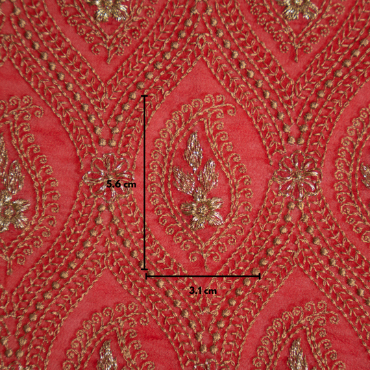 Aziz Blood Red Viscose Georgette Embroidered Fabric in Jaal Pattern