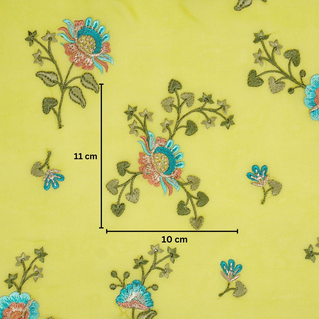 Maitri Floral Lime Viscose Georgette Embroidered Fabric in Jaal Pattern
