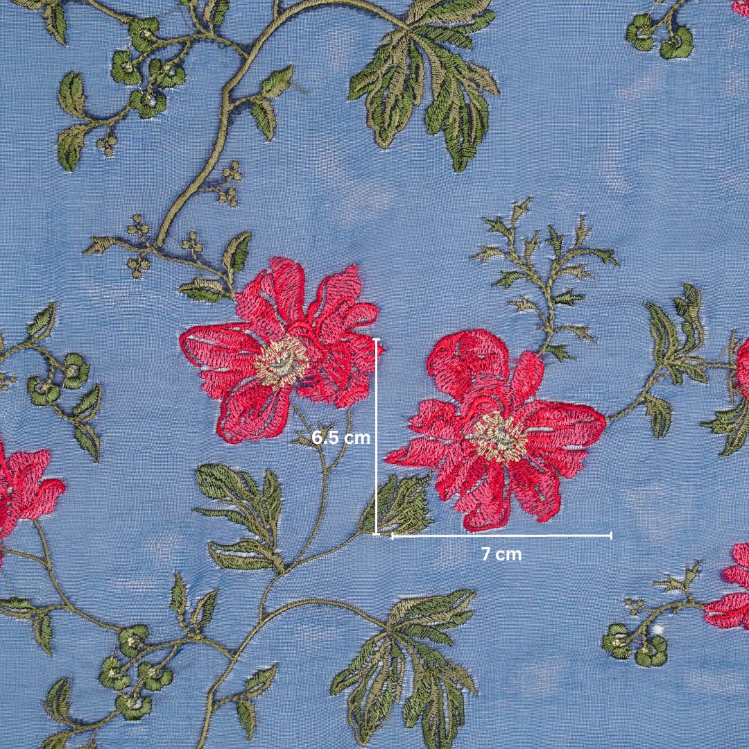 Ayka Prussian Blue Viscose Organza Embroidered Fabric in Jaal Pattern
