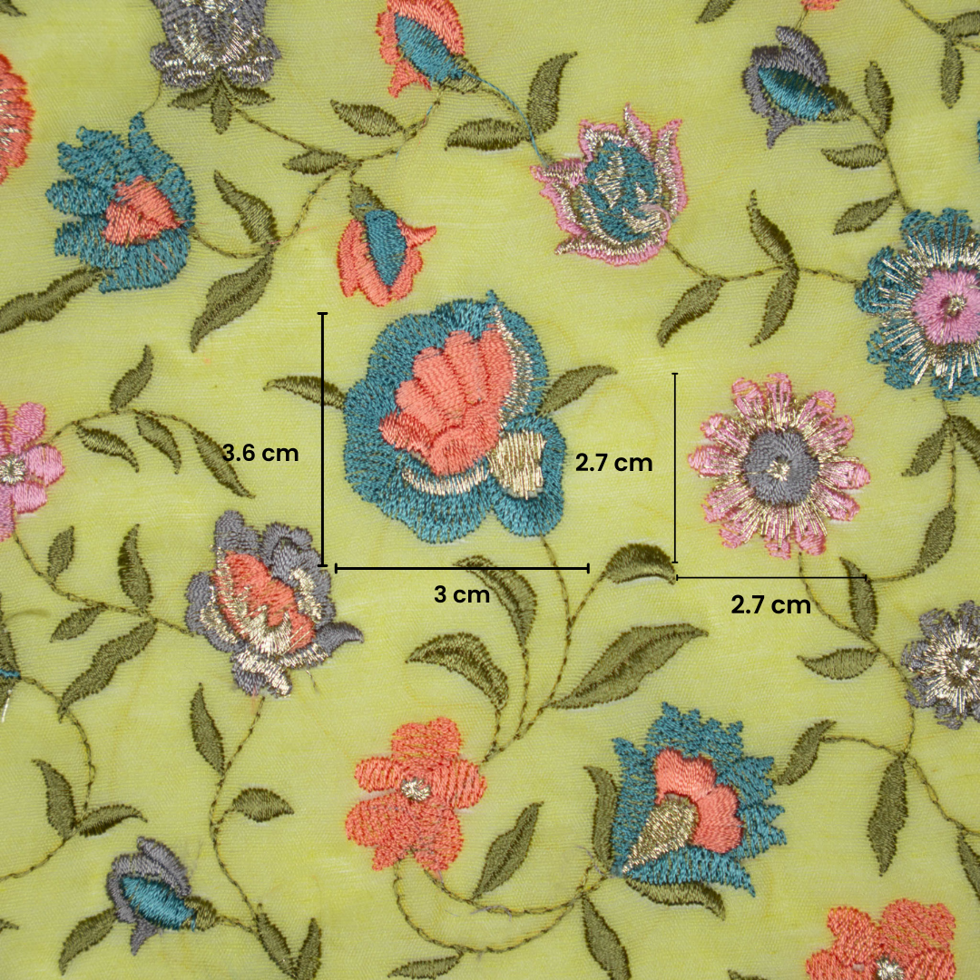 Rajeshwari Yellow Mul Chanderi Embroidered Fabric in Floral Jaal Pattern