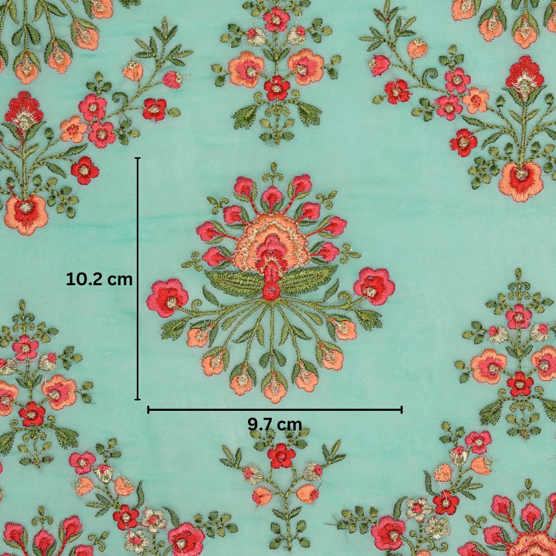 Nutan Turquoise Viscose Georgette Embroidered Fabric in Jaal Pattern