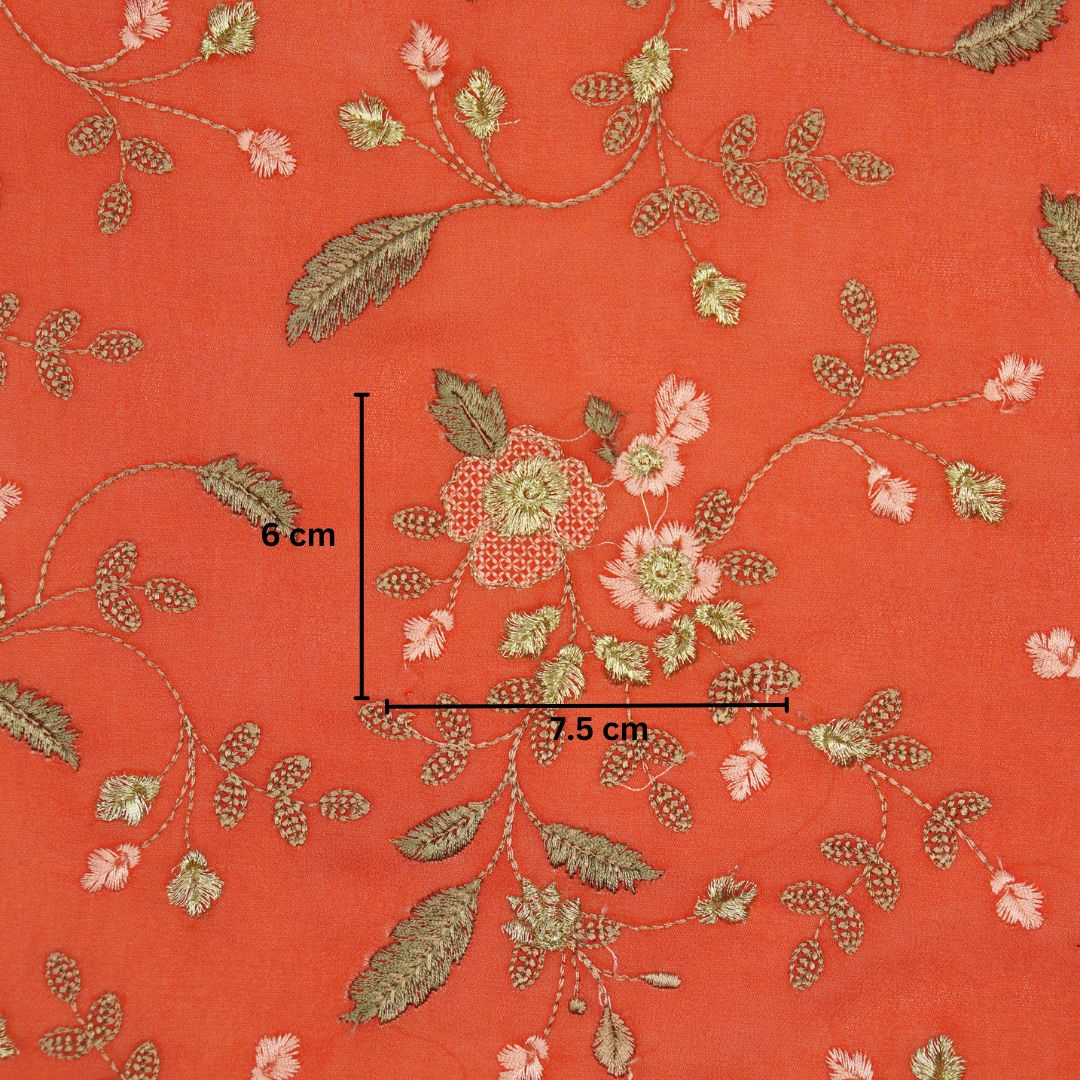 Mishfah Blood Red Viscose Georgette Embroidered Fabric in Jaal Pattern