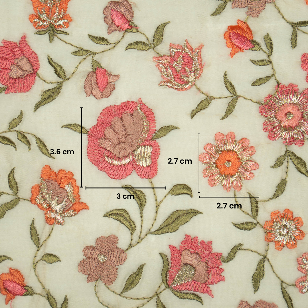 Rajeshwari Cream Mul Chanderi Embroidered Fabric in Floral Jaal Pattern