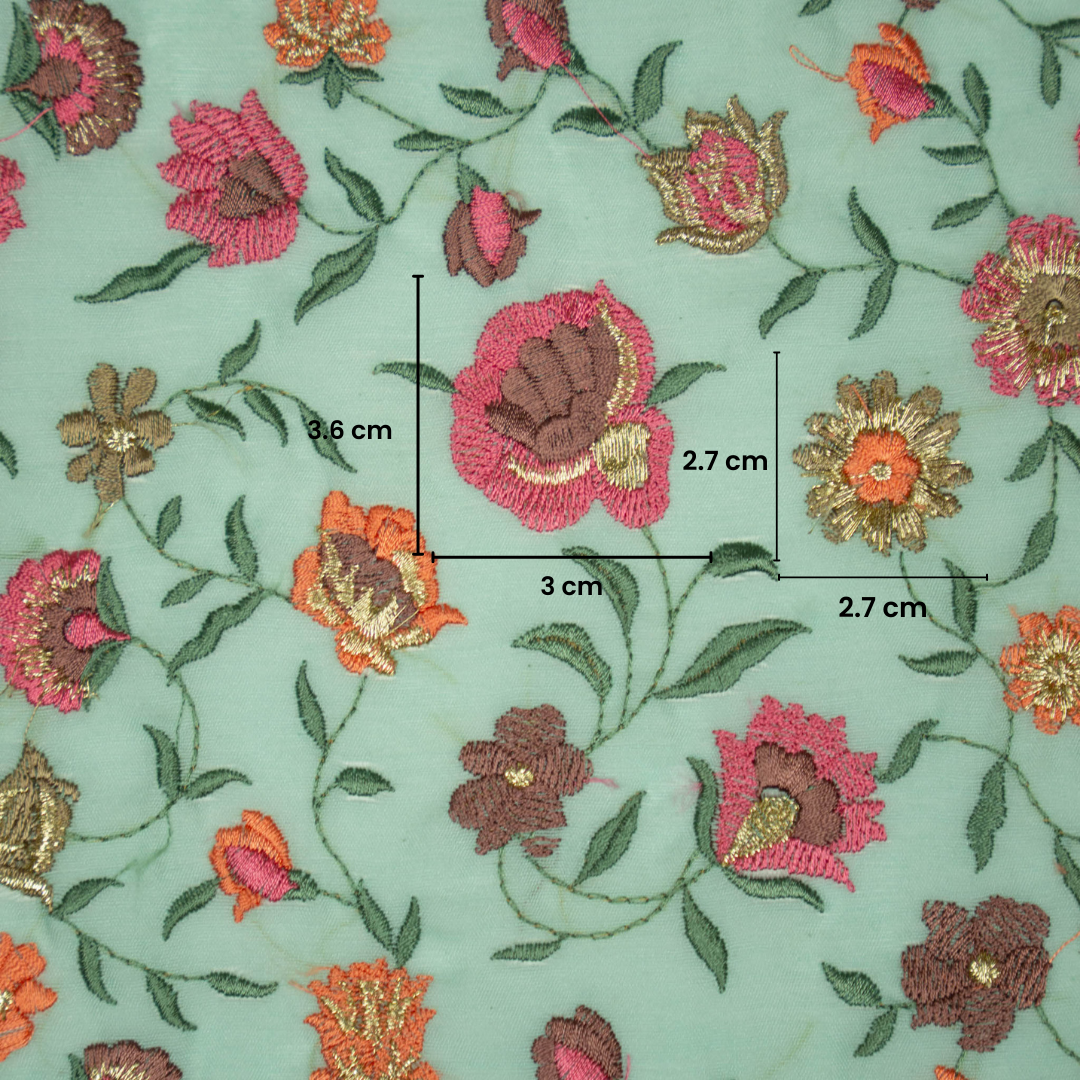 Rajeshwari Light Turquoise Mul Chanderi Embroidered Fabric in Floral Jaal Pattern