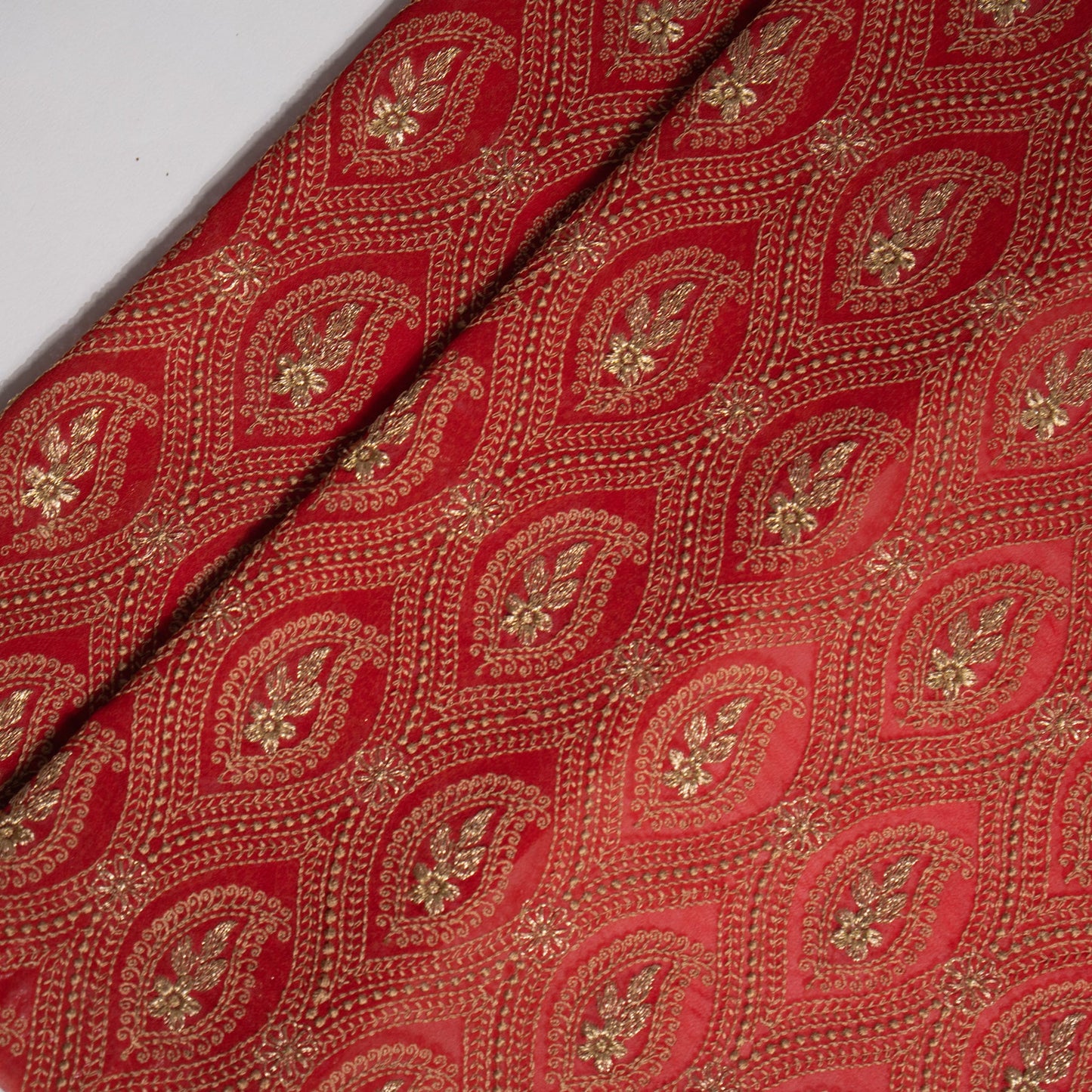 Aziz Blood Red Viscose Georgette Embroidered Fabric in Jaal Pattern