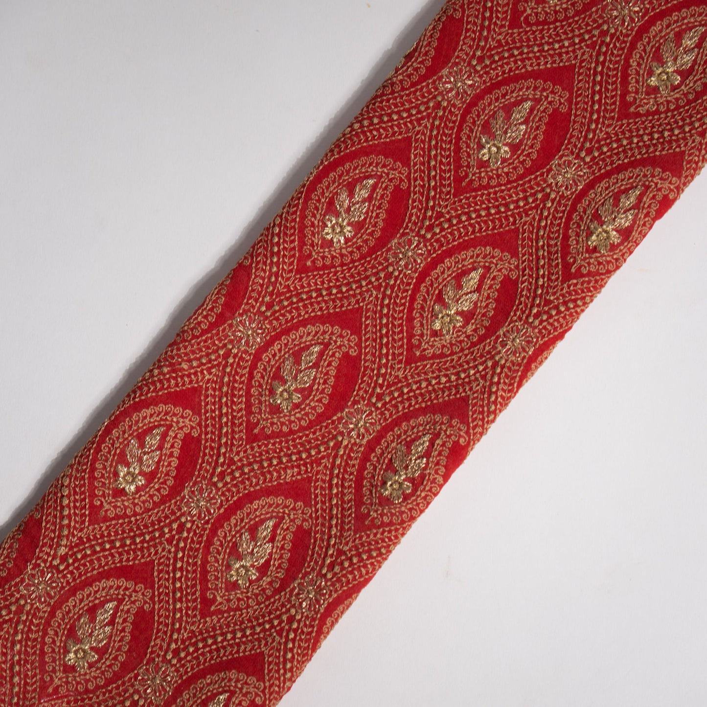 Aziz Blood Red Viscose Georgette Embroidered Fabric in Jaal Pattern