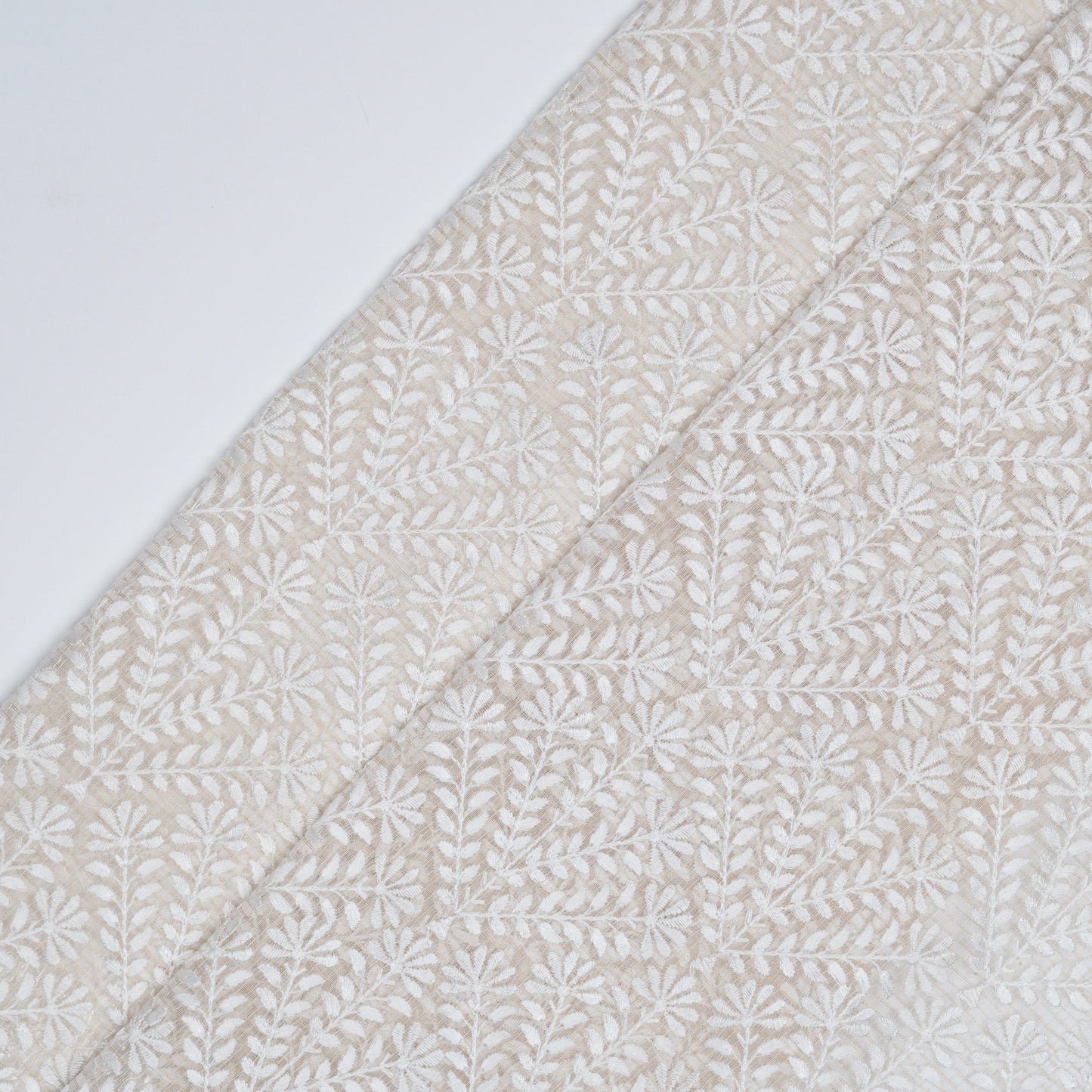 Diba Ivory Semi Munga Kota Embroidered Fabric in Jaal Pattern