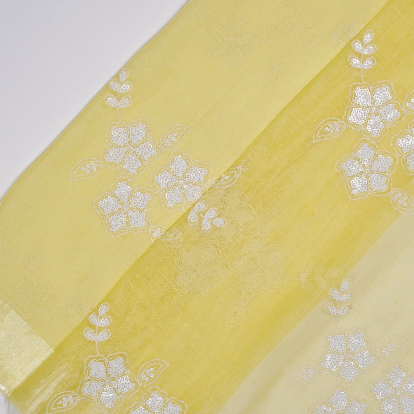 Aqsa Floral Yellow Mul Chanderi Embroidered Fabric in Buta Pattern