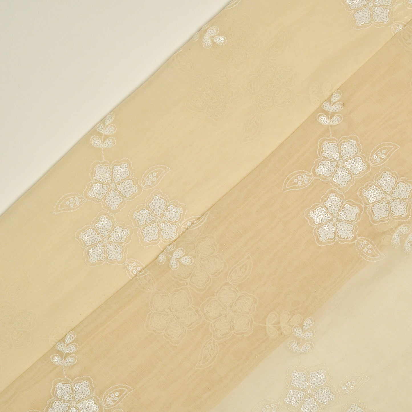 Aqsa Floral Cream Mul Chanderi Embroidered Fabric in Buta Pattern