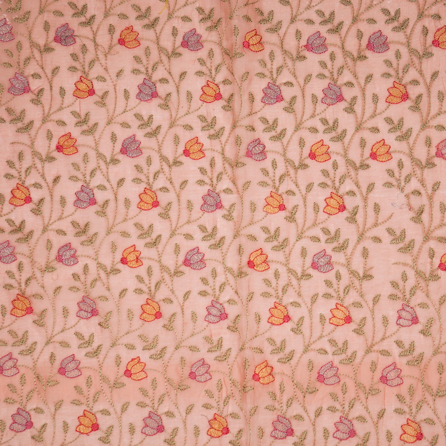 Sabiha Floral Gajari Mul Chanderi Embroidered Fabric in Jaal Pattern