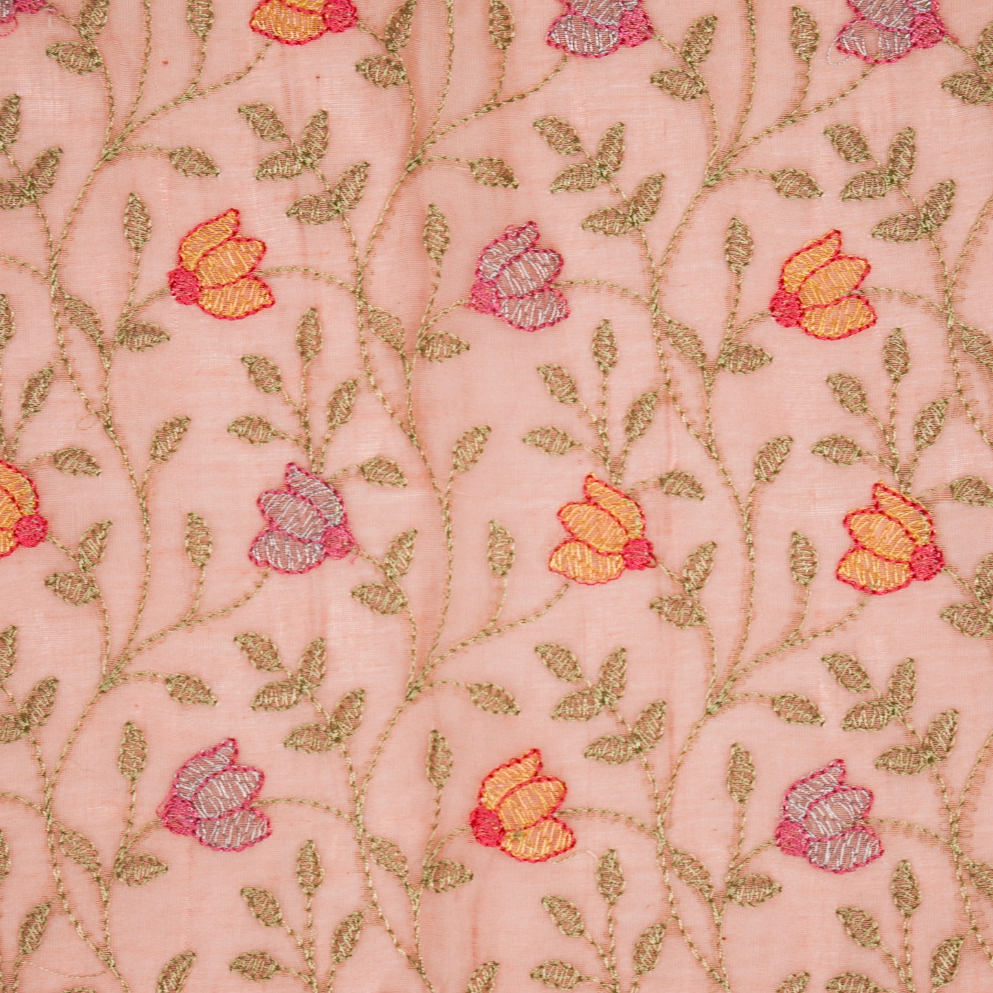 Sabiha Floral Gajari Mul Chanderi Embroidered Fabric in Jaal Pattern