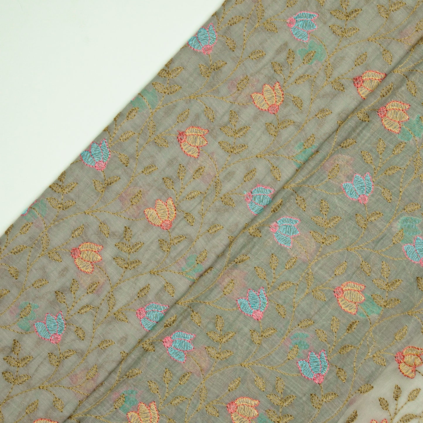 Sabiha Floral Grey Mul Chanderi Embroidered Fabric in Jaal Pattern