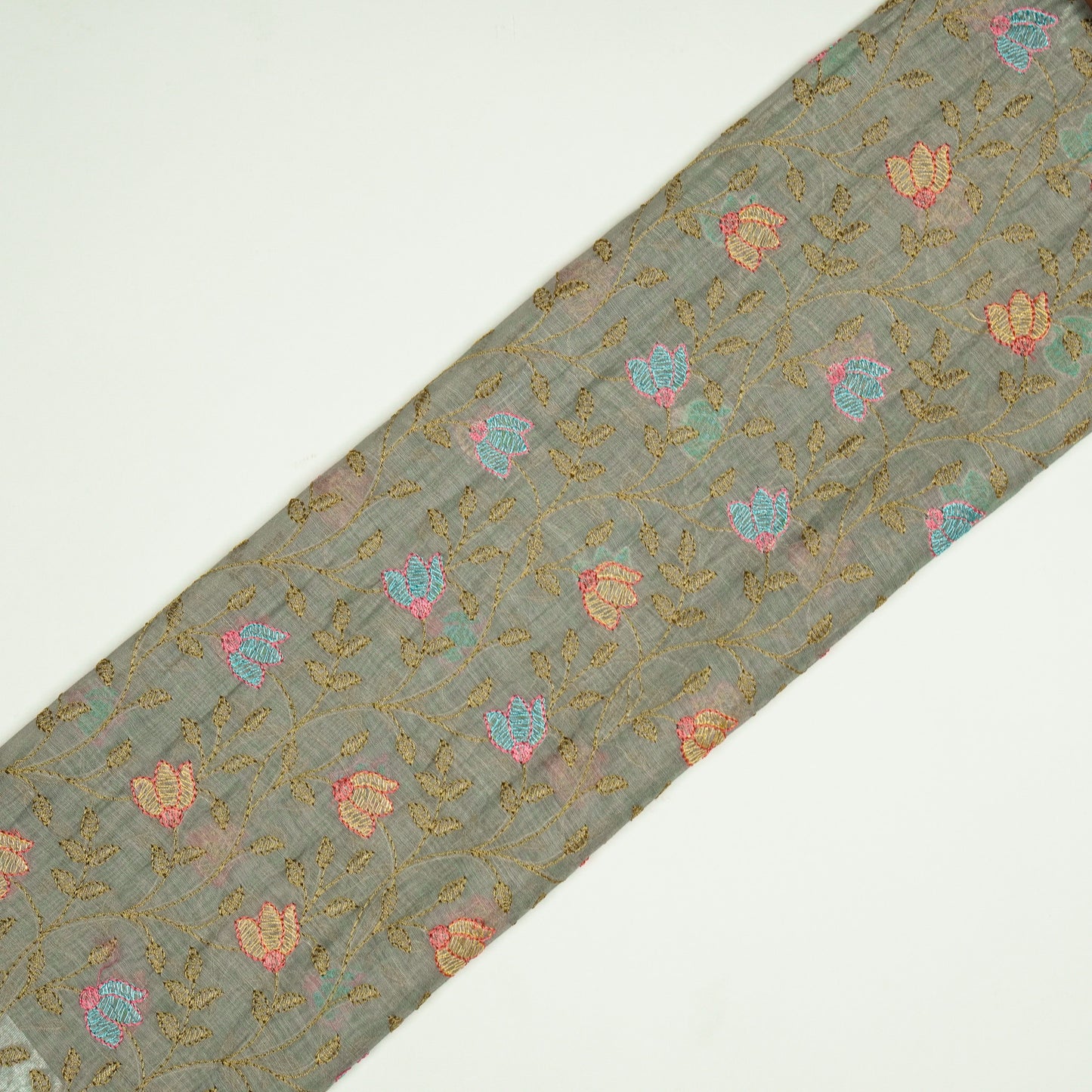 Sabiha Floral Grey Mul Chanderi Embroidered Fabric in Jaal Pattern