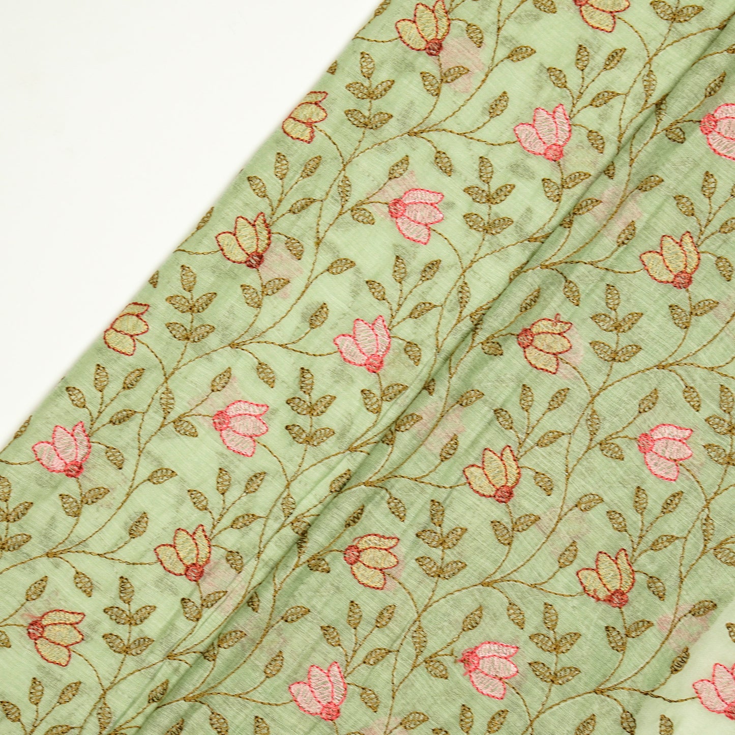 Sabiha Floral Sea Green Mul Chanderi Embroidered Fabric in Jaal Pattern