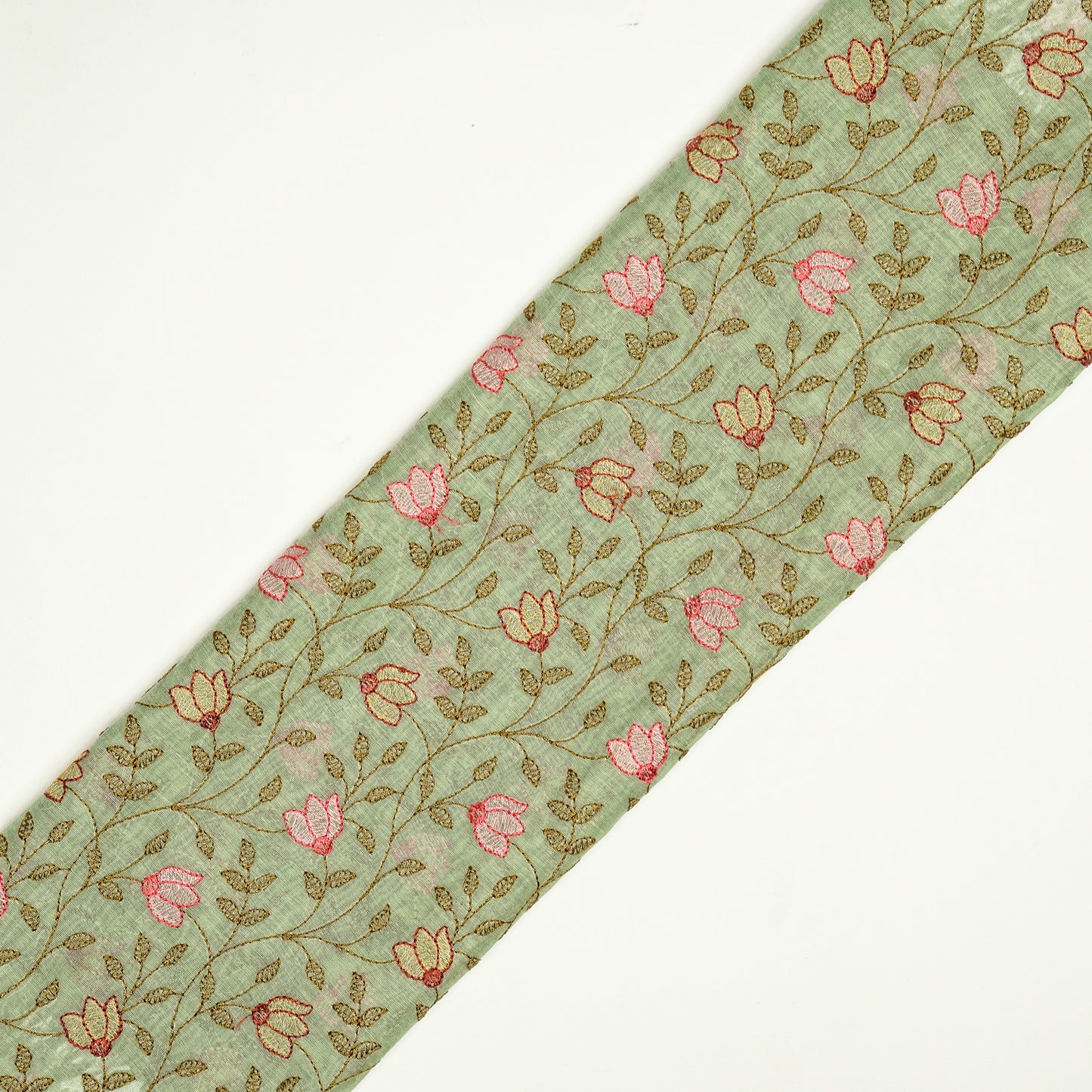 Sabiha Floral Sea Green Mul Chanderi Embroidered Fabric in Jaal Pattern