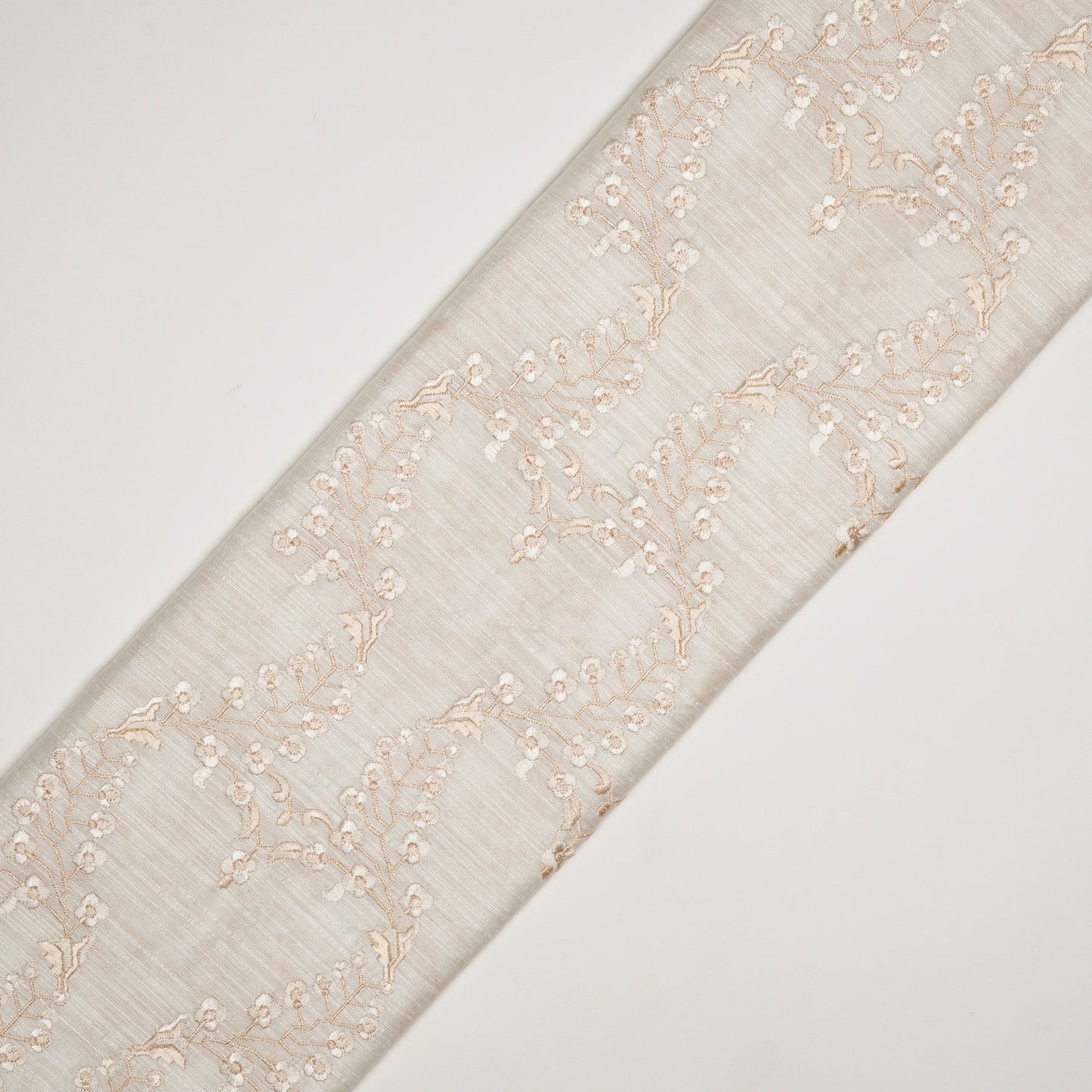 Parkha White Viscose Raw Silk Embroidered Fabric in Jaal Pattern