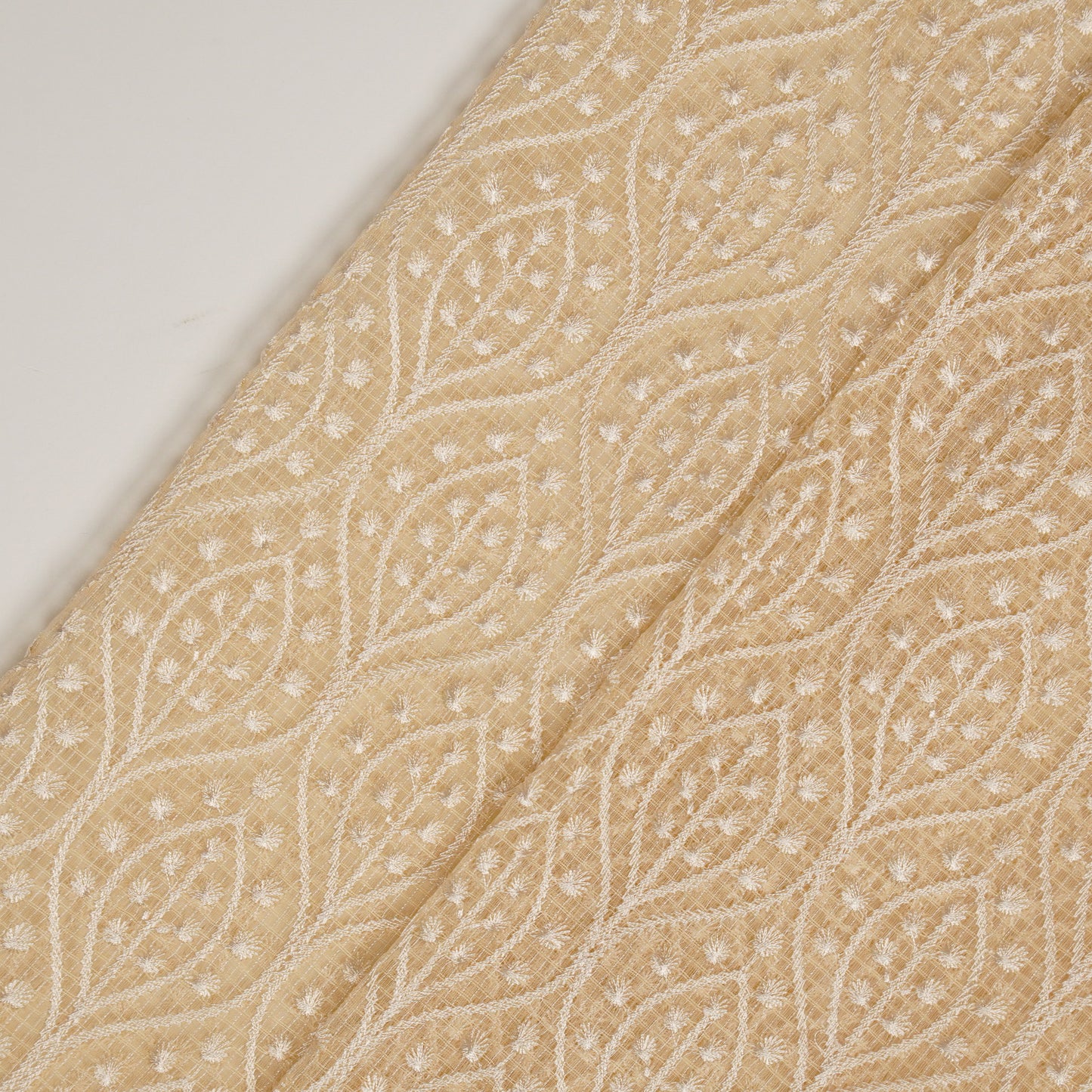 Laiba Beige Semi Munga Kota Embroidered Fabric in Jaal Pattern