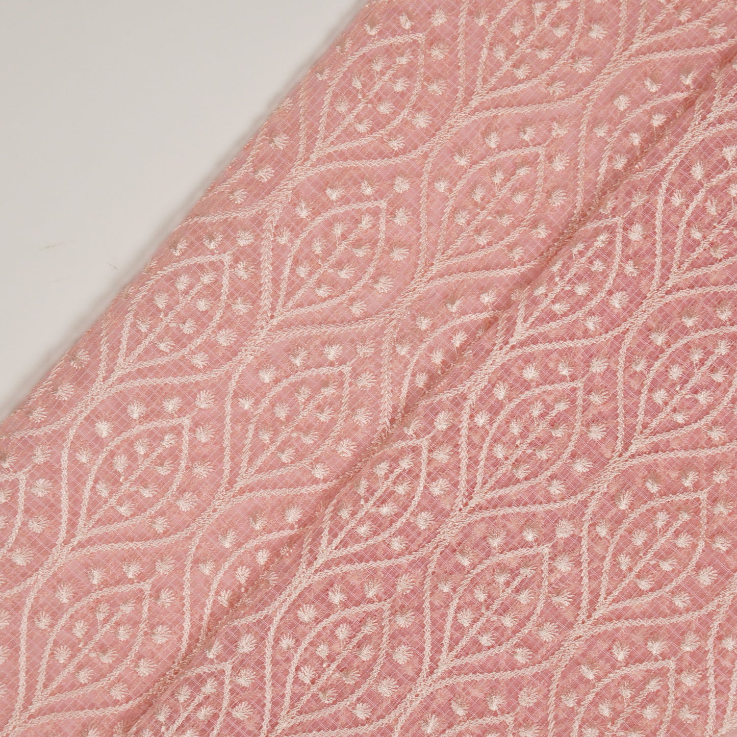 Laiba Pink Semi Munga Kota Embroidered Fabric in Jaal Pattern