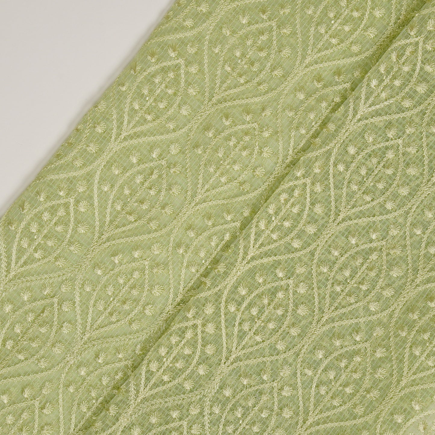 Laiba Pista Green Semi Munga Kota Embroidered Fabric in Jaal Pattern