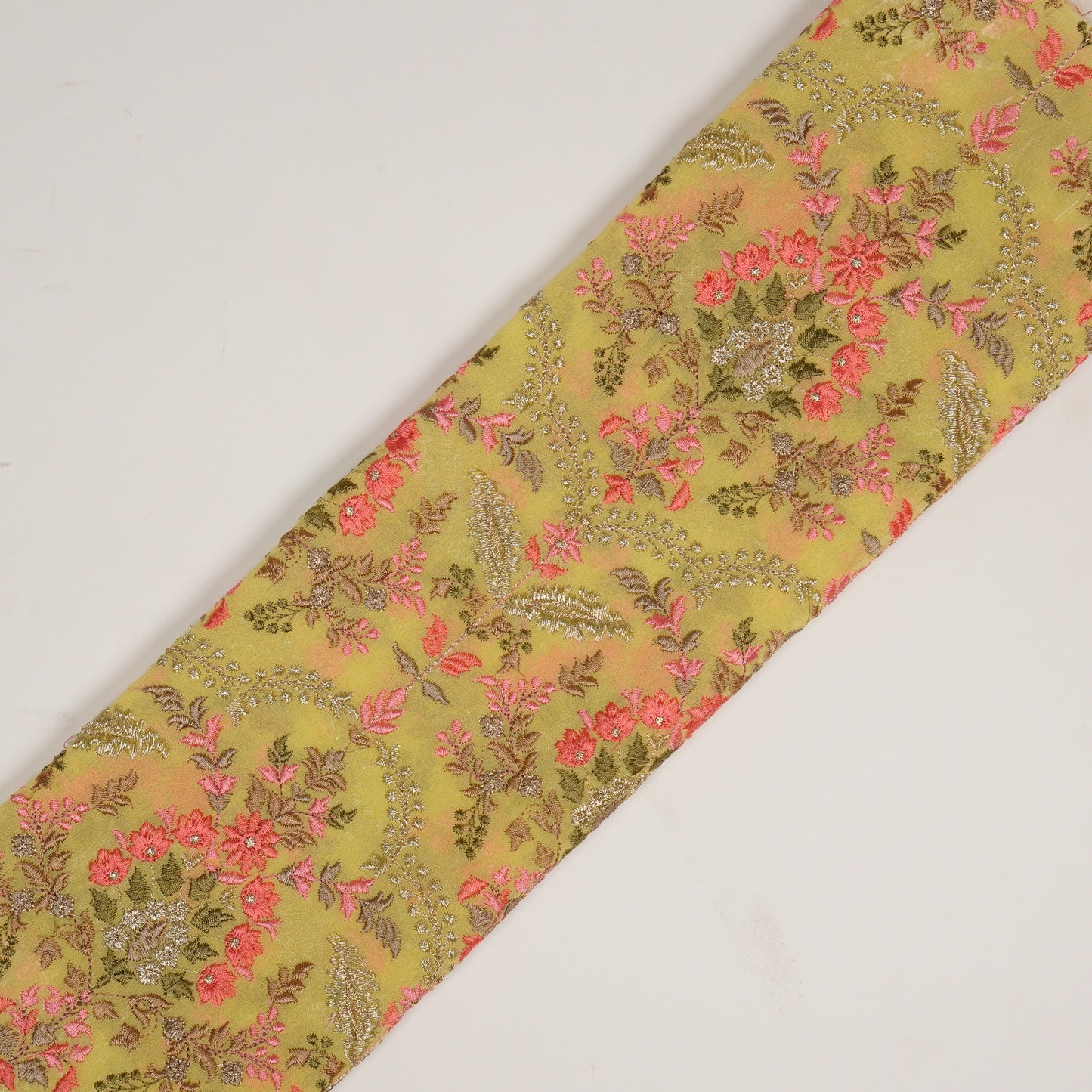 Urwa Lemon Viscose Georgette Embroidered Fabric in Jaal Pattern