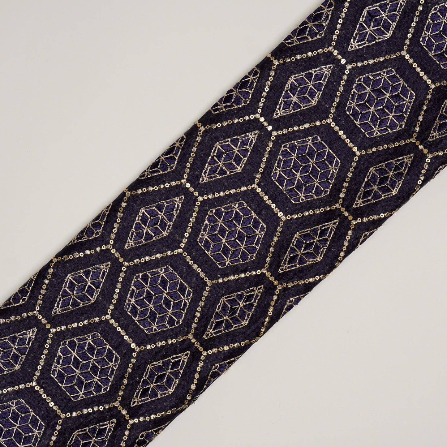 Fahm Sequins Navy Blue Chanderi Embroidered Fabric in Jaal Pattern