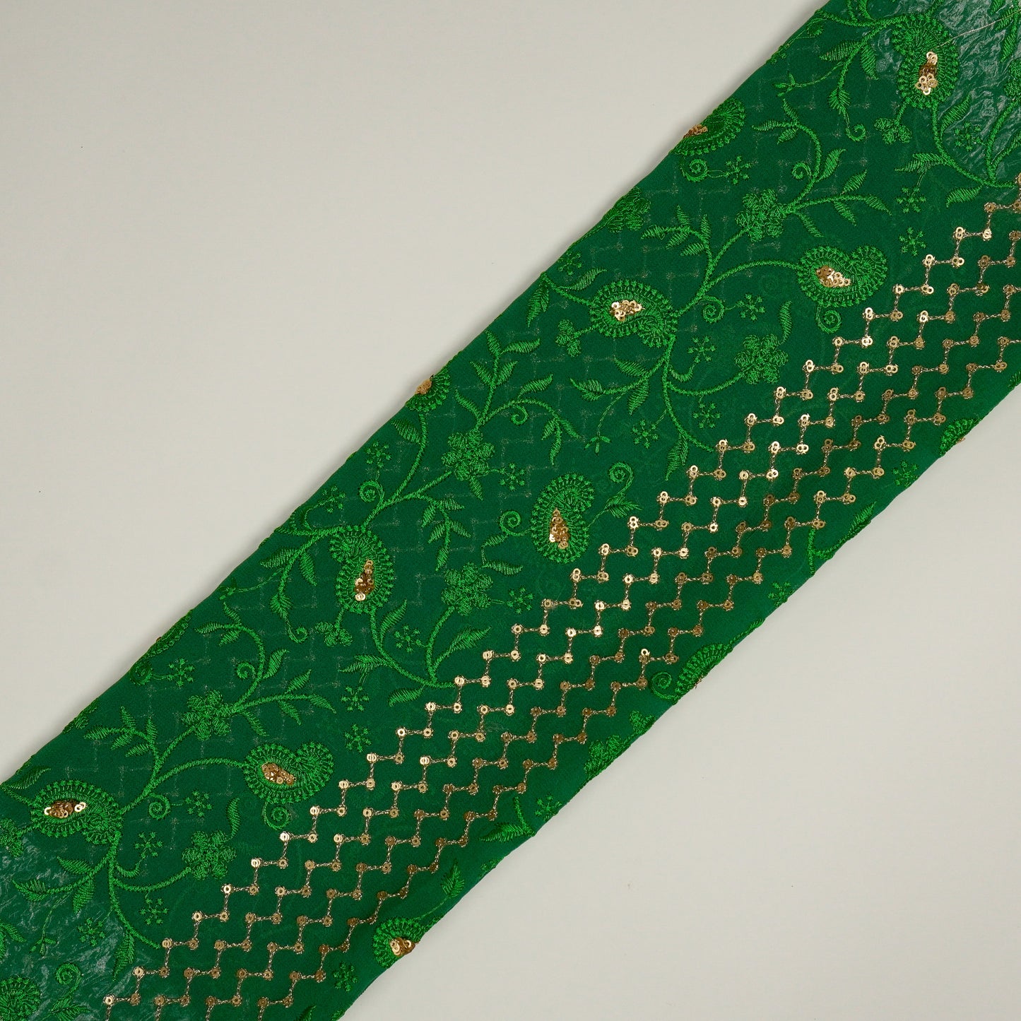 Amena Sequins Green Viscose Georgette Embroidered Fabric in Jaal Pattern