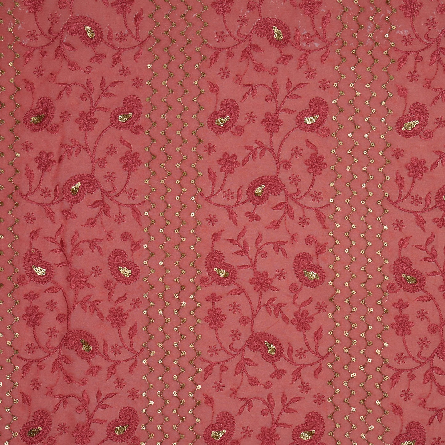 Amena Sequins Tomato Red Viscose Georgette Embroidered Fabric in Jaal Pattern