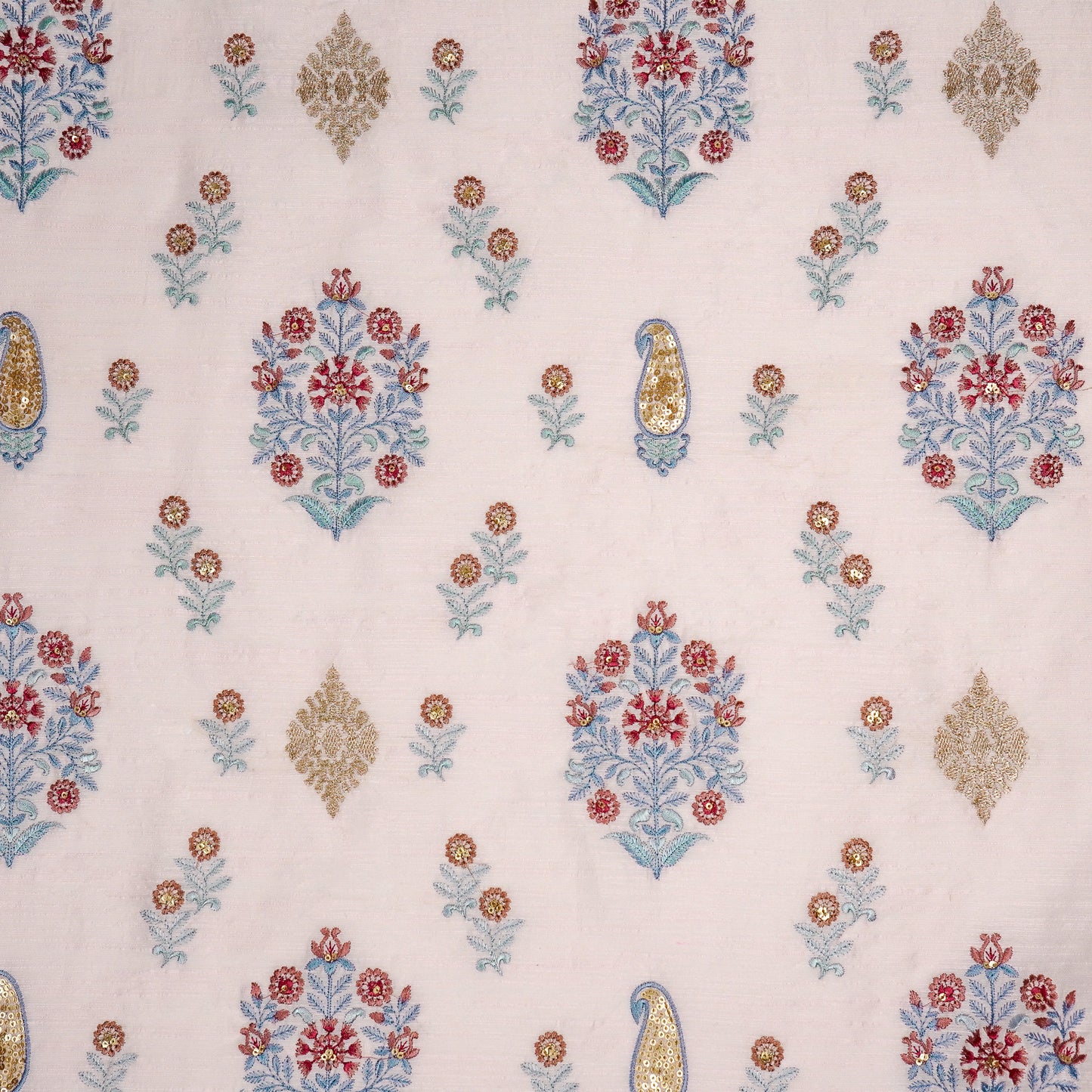 Eira Baby Pink Viscose Raw Silk Embroidered Fabric in Buta Buti Mixture Pattern