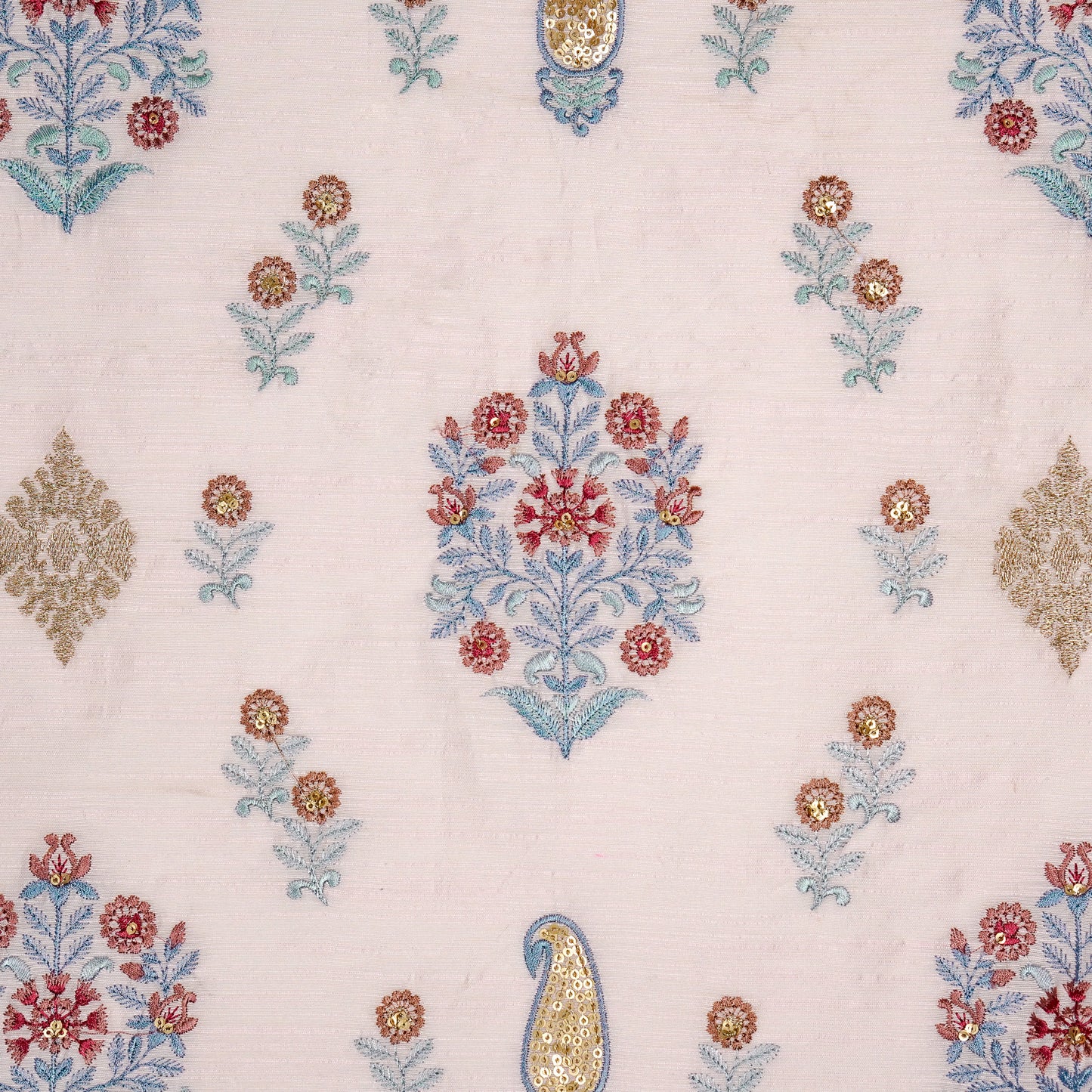 Eira Baby Pink Viscose Raw Silk Embroidered Fabric in Buta Buti Mixture Pattern
