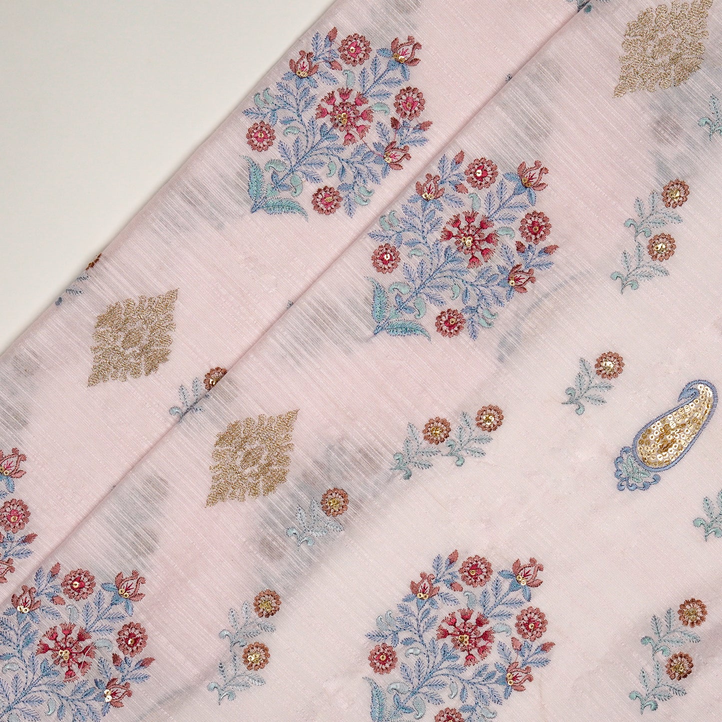 Eira Baby Pink Viscose Raw Silk Embroidered Fabric in Buta Buti Mixture Pattern
