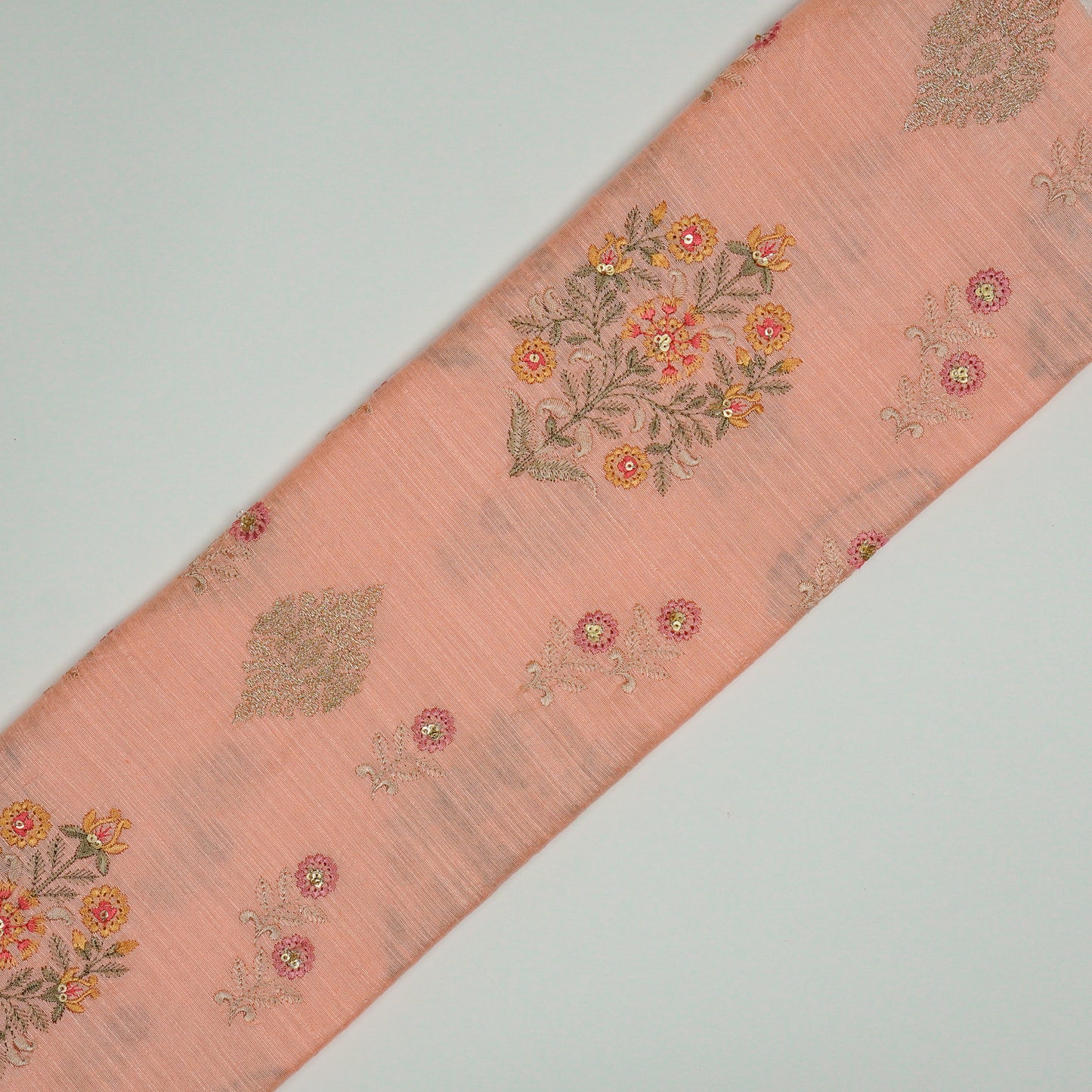 Eira Peach Viscose Raw Silk Embroidered Fabric in Buta Buti Mixture Pattern