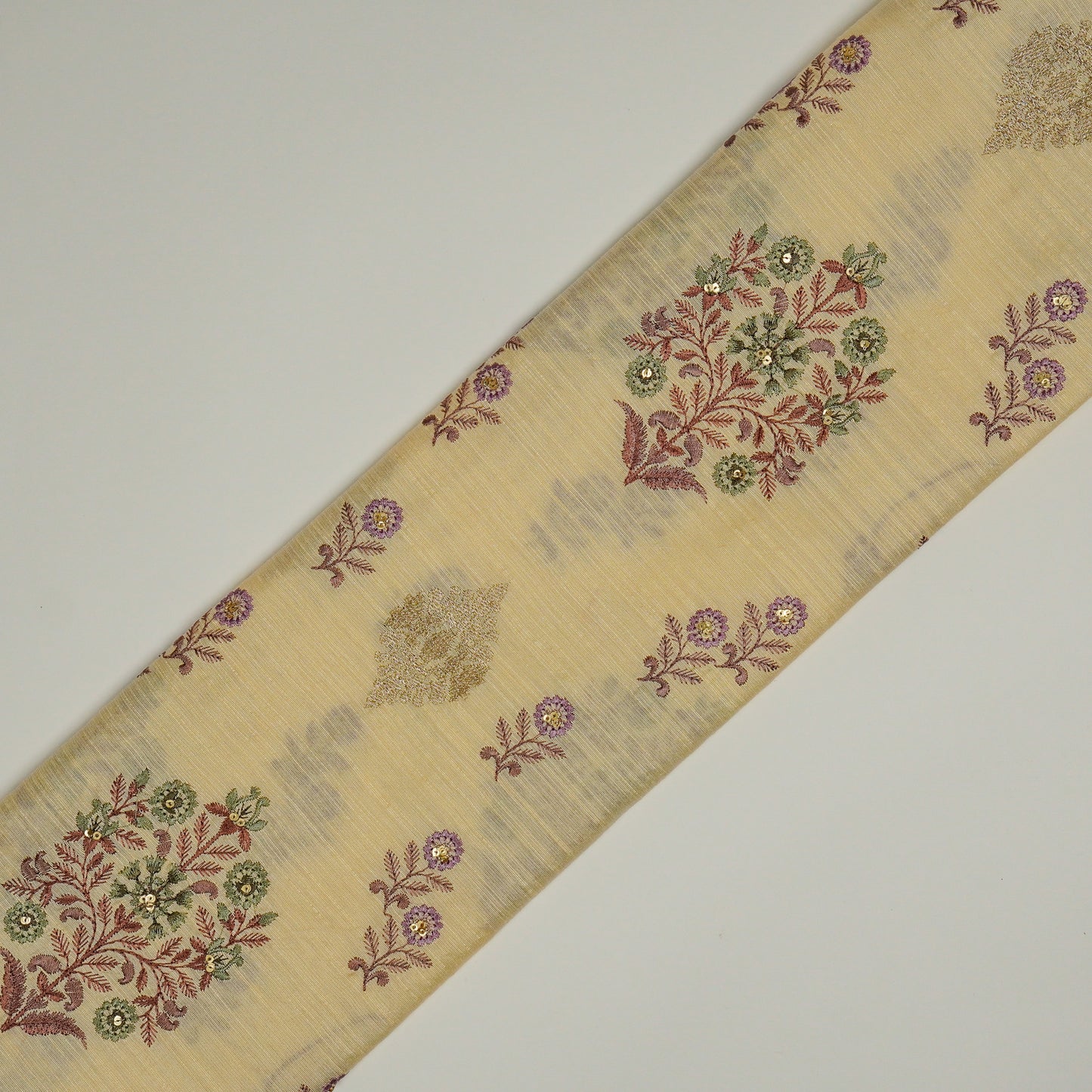 Eira Cream Viscose Raw Silk Embroidered Fabric in Buta Buti Mixture Pattern