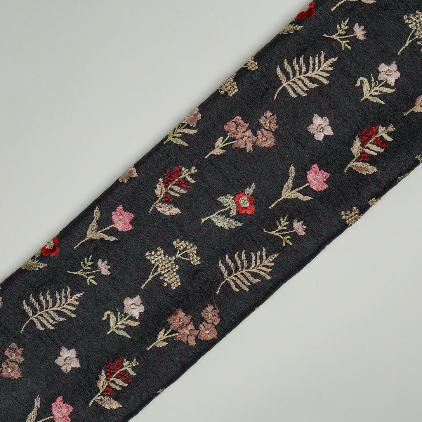 Omera Floral Black Viscose Raw Silk Embroidered Fabric in Tiny Buta Pattern