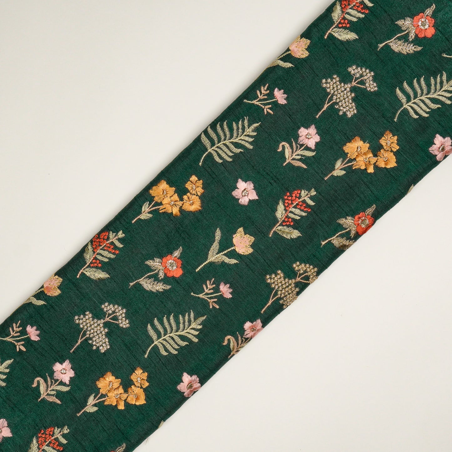 Omera Floral Bottle Green Viscose Raw Silk Embroidered Fabric in Tiny Buta Pattern