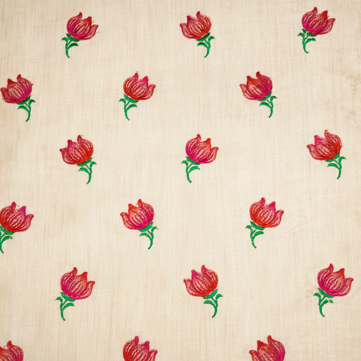Naim Natural/Red Viscose Raw Silk Embroidered Fabric in Buta Pattern