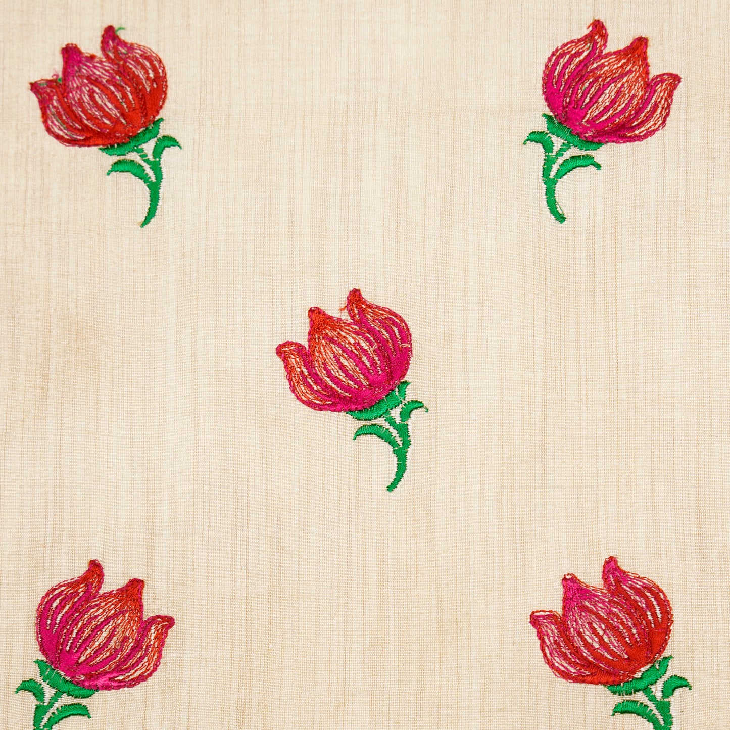 Naim Natural/Red Viscose Raw Silk Embroidered Fabric in Buta Pattern