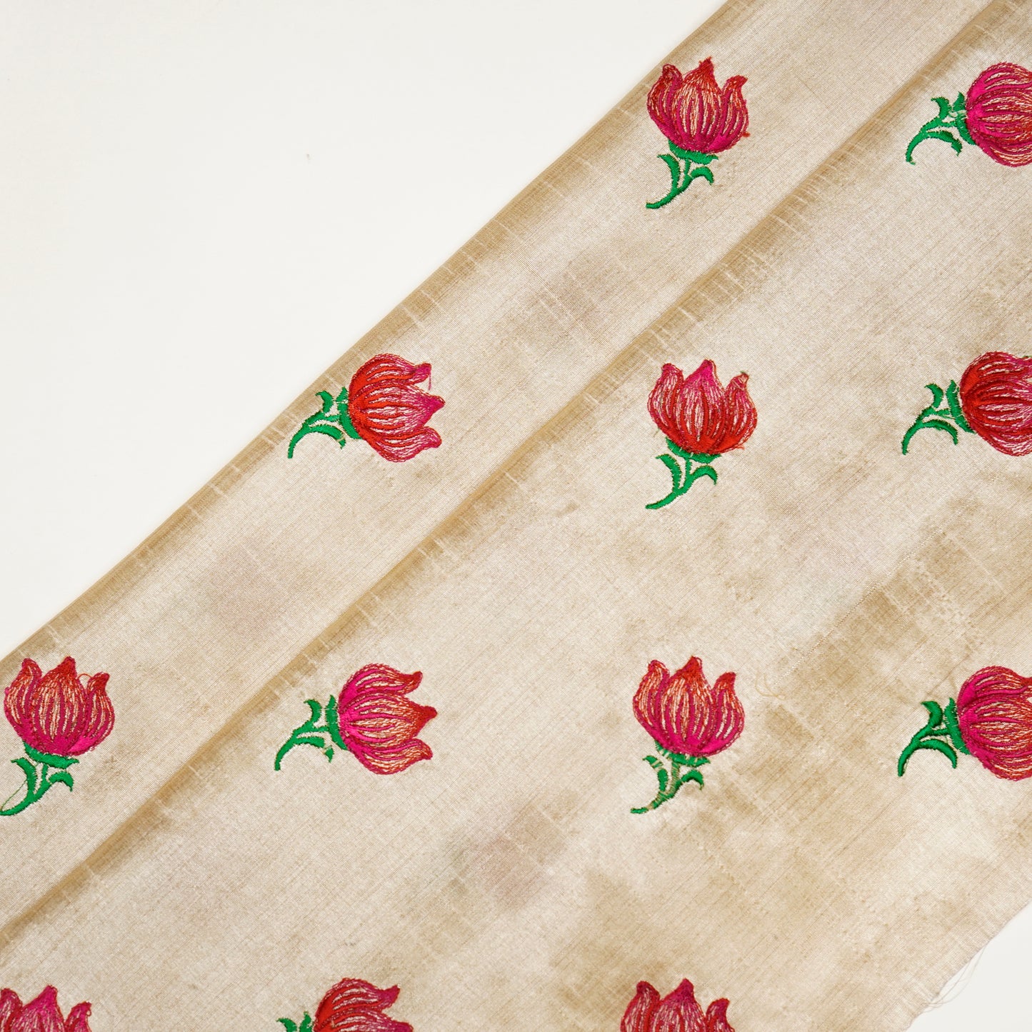 Naim Natural/Red Viscose Raw Silk Embroidered Fabric in Buta Pattern