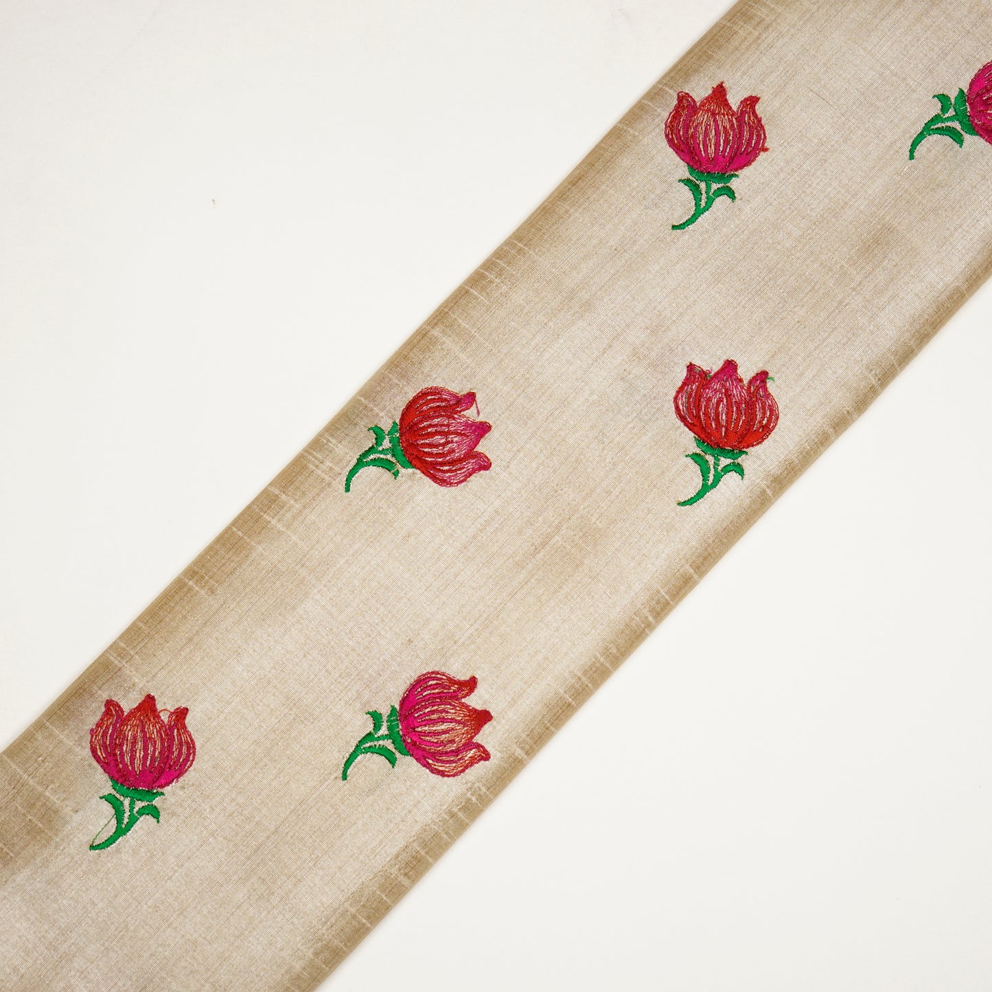 Naim Natural/Red Viscose Raw Silk Embroidered Fabric in Buta Pattern