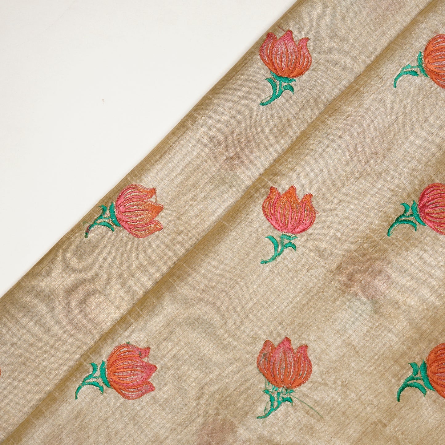 Naim Natural/Peach Viscose Raw Silk Embroidered Fabric in Buta Pattern