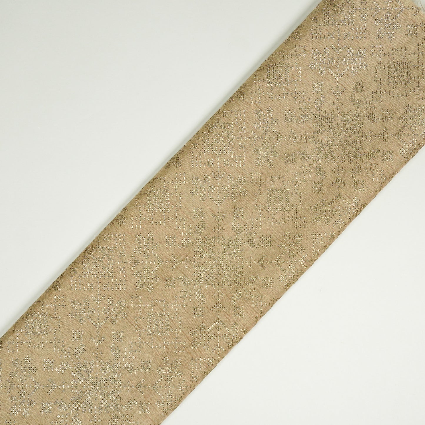 Rahifa Beige Viscose Raw Silk Embroidered Fabric in Jaal Pattern