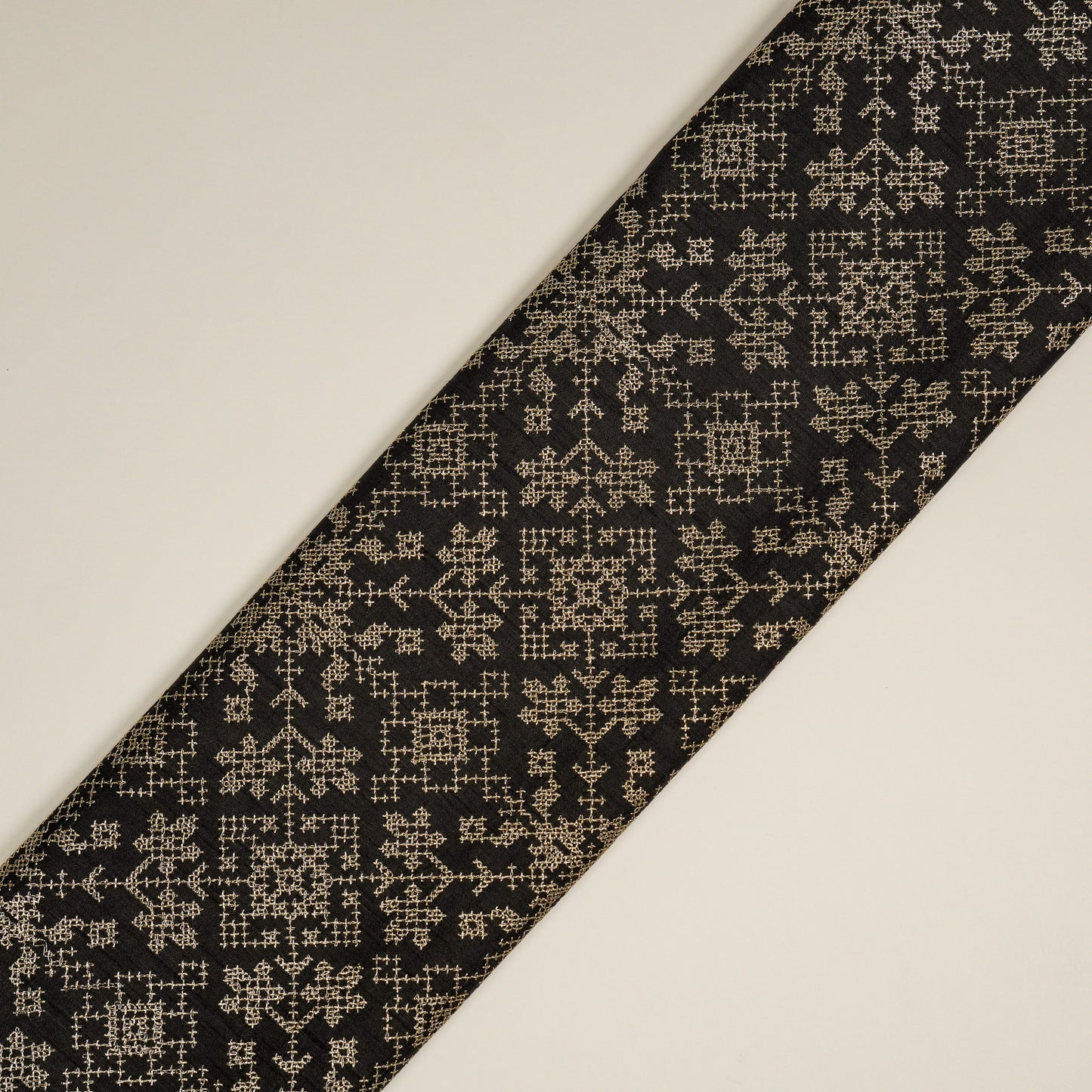 Rahifa Black Viscose Raw Silk Embroidered Fabric in Jaal Pattern