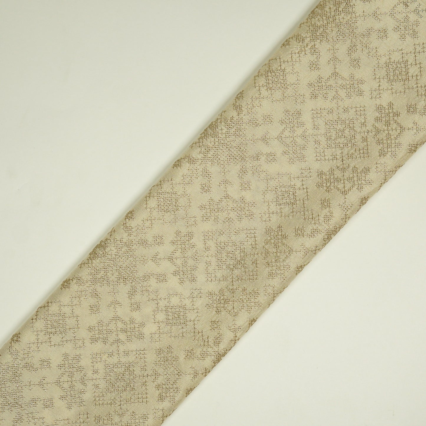 Rahifa Cream Viscose Raw Silk Embroidered Fabric in Jaal Pattern