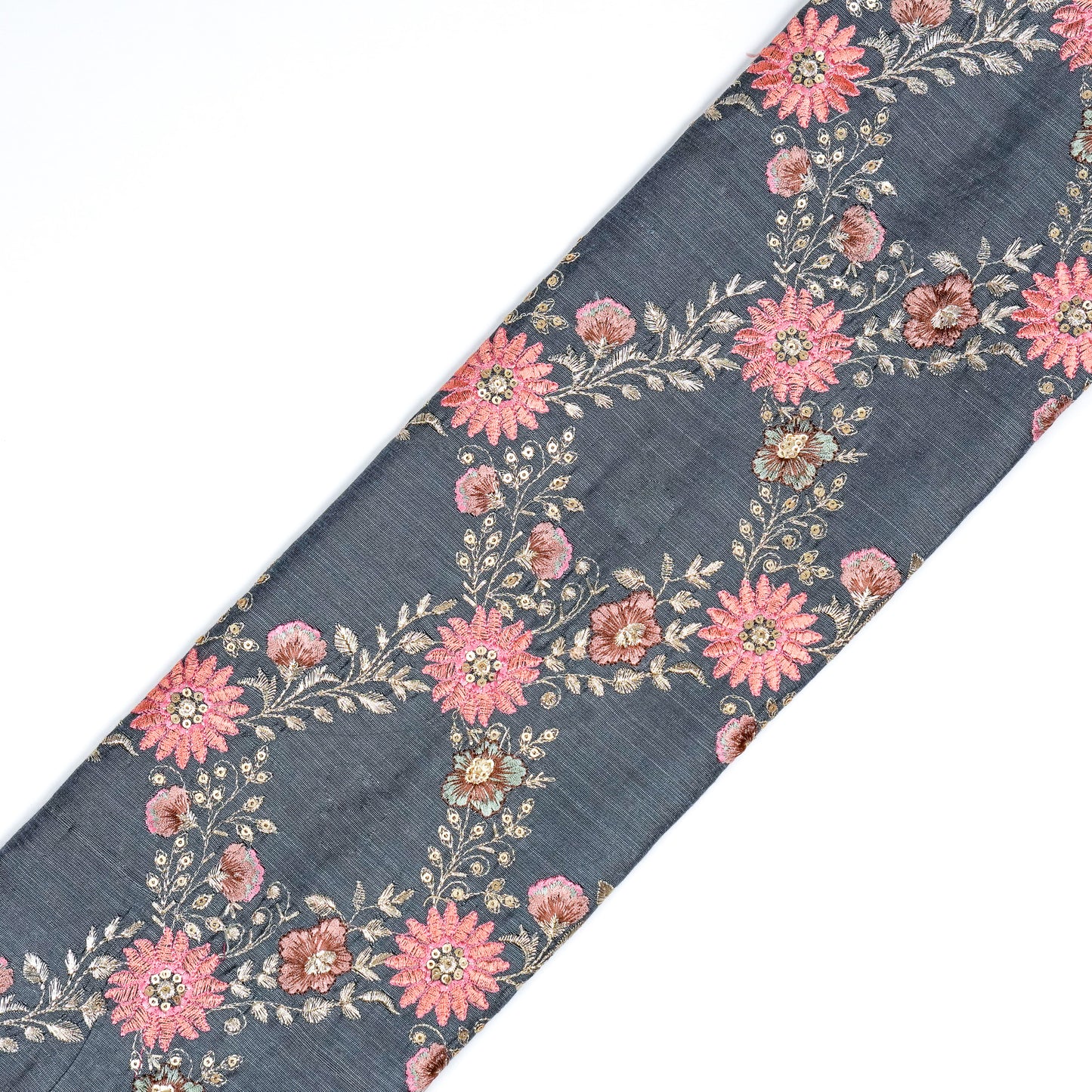 Esana Bluish Grey Viscose Raw Silk Embroidered Fabric in Jaal Pattern