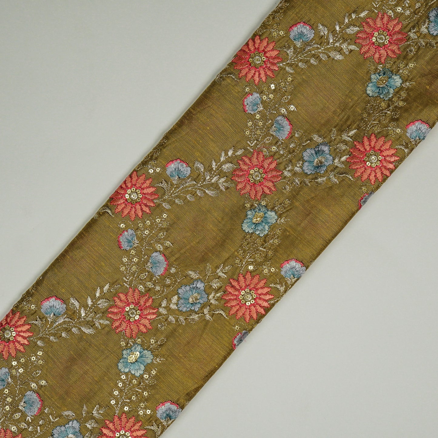 Esana Chiku Viscose Raw Silk Embroidered Fabric in Jaal Pattern