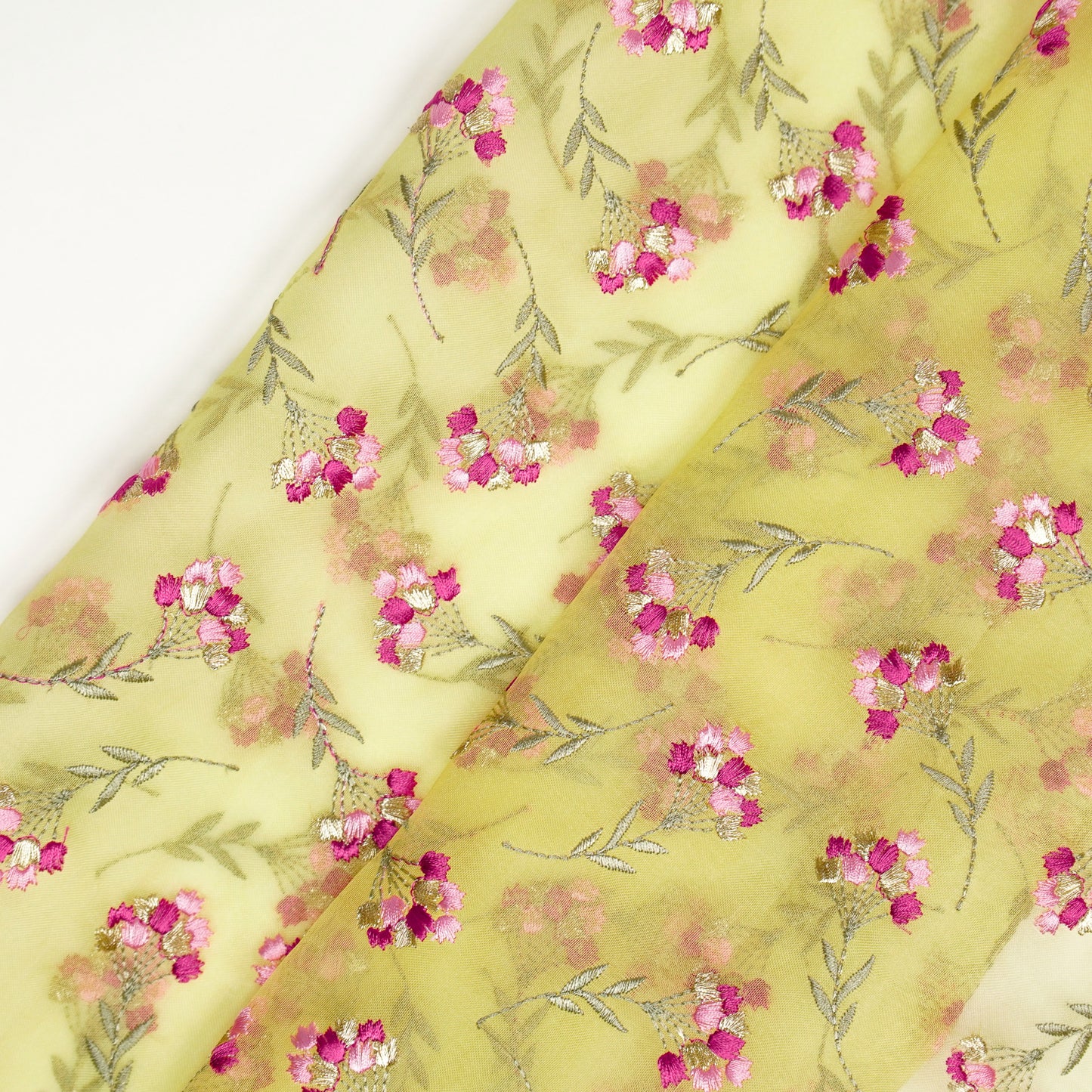 Rimsha Lemon Viscose Organza Embroidered Fabric in Jaal Pattern