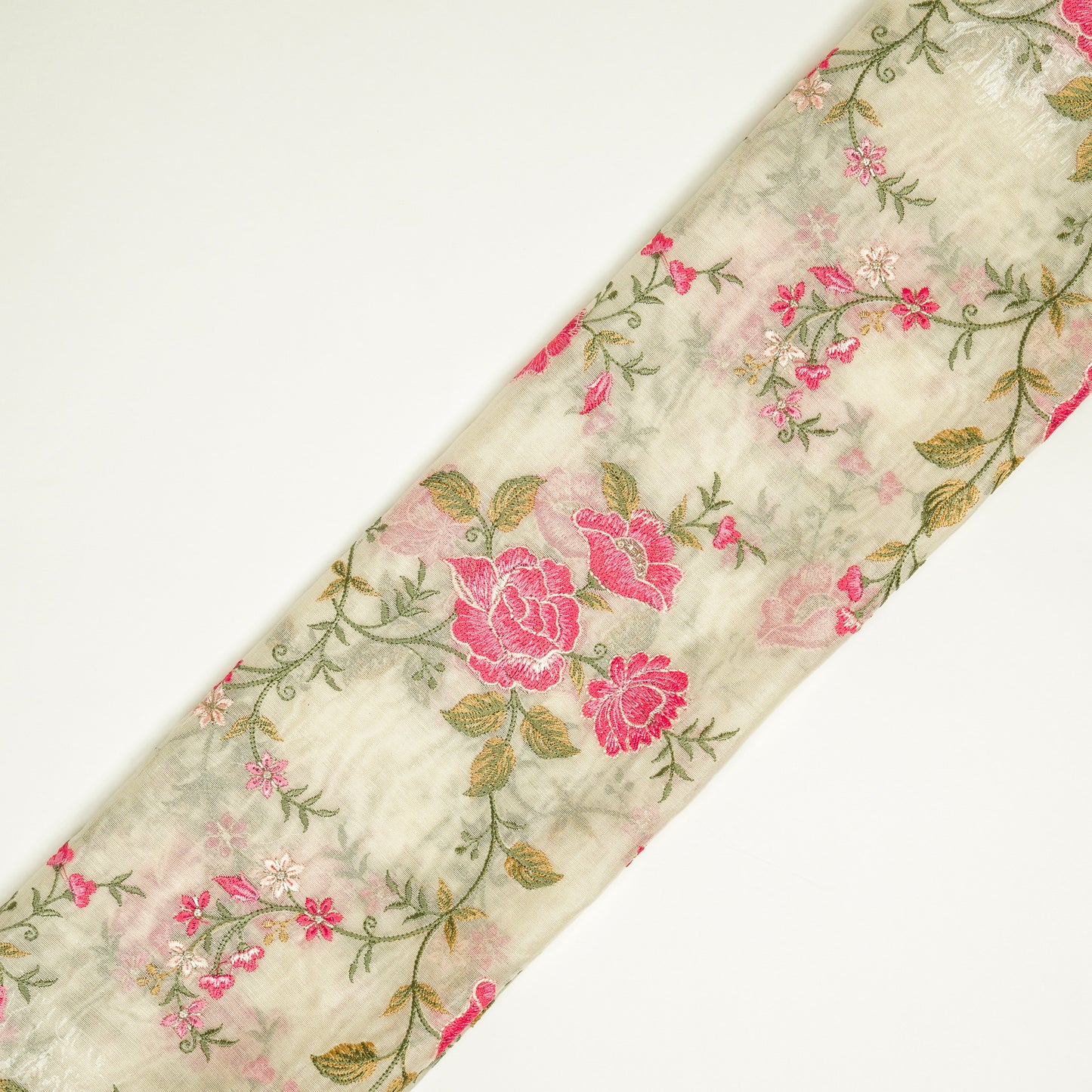 Isra Ivory/Tomato Chanderi Embroidered Fabric in Jaal Pattern