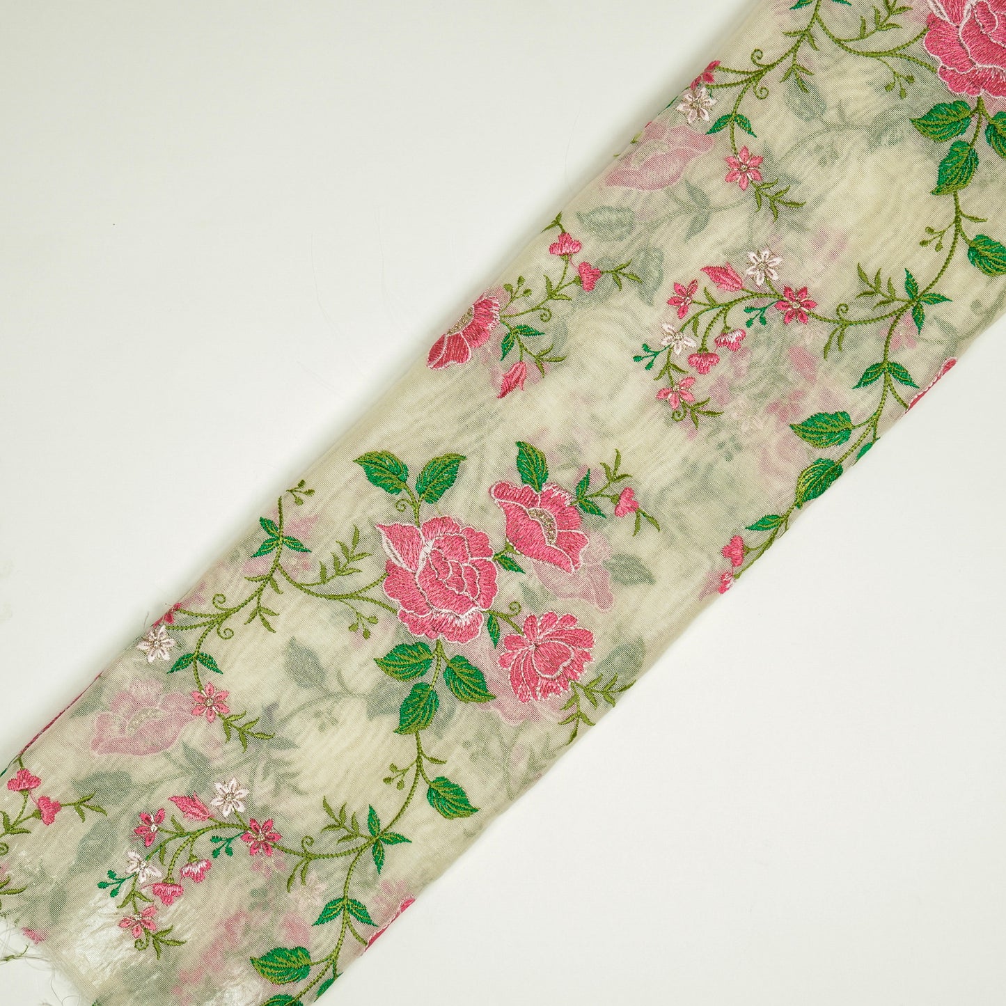 Isra Ivory/Fuxia Chanderi Embroidered Fabric in Jaal Pattern